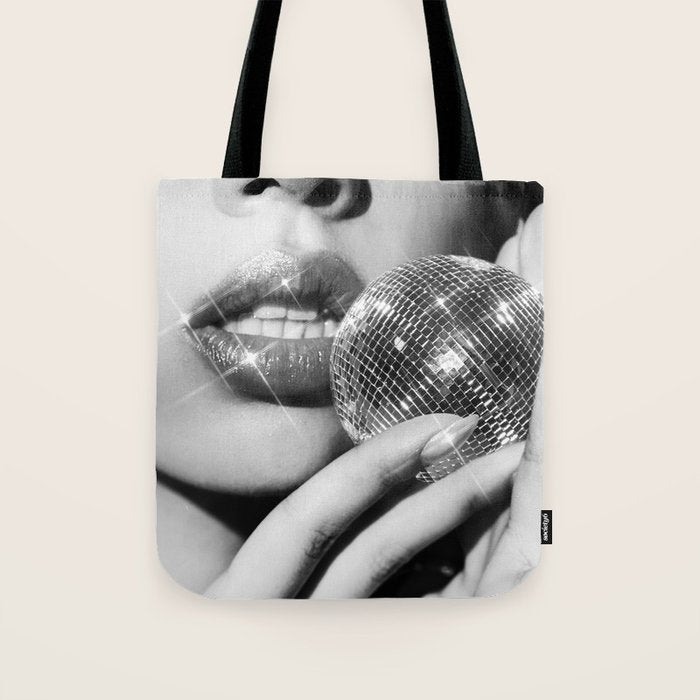 Disco Ball Female Lips - Black And White Modern Wall Art Photograph - Home Decor Tote Bag Gallery Image 1