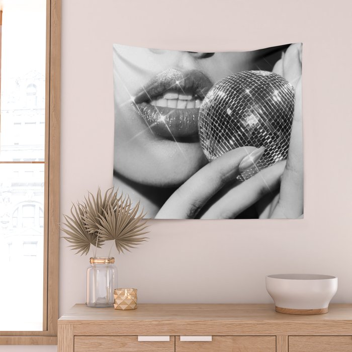 Disco Ball Female Lips - Black And White Modern Wall Art Photograph - Home Decor Wall Tapestry Gallery Image 2