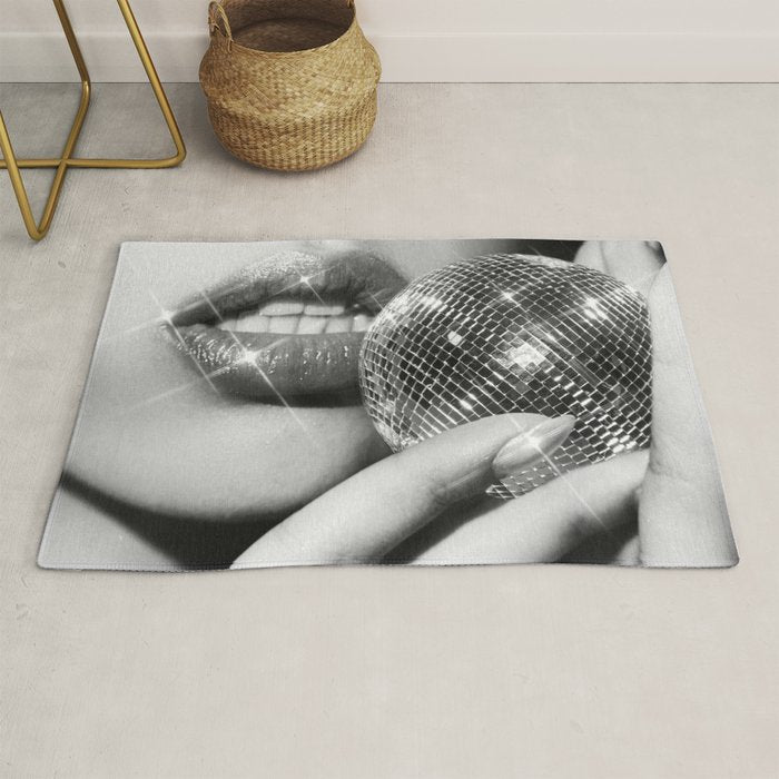 Disco Ball Female Lips - Black And White Modern Wall Art Photograph - Home Decor Rug Gallery Image 1