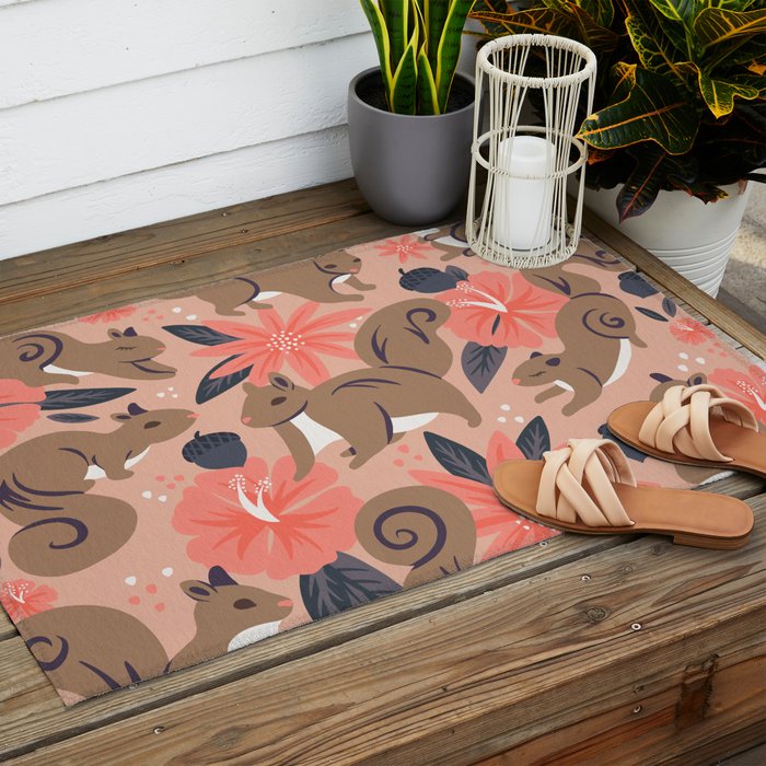Squirrels & Blooms â Peach & Tan Outdoor Rug Gallery Image 2