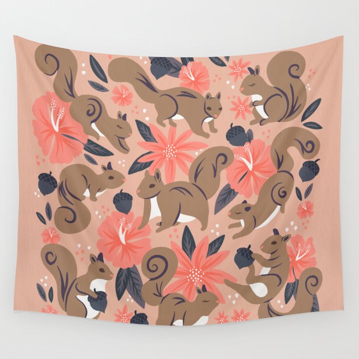 Squirrels & Blooms â Peach & Tan Wall Tapestry Gallery Image 1