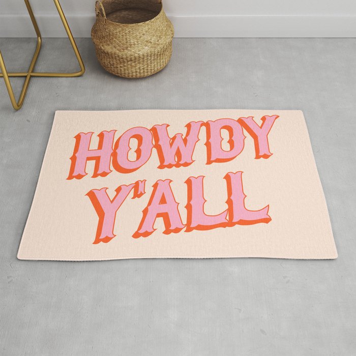 Southern Welcome: Howdy Y'all (bright pink and orange old west letters) Rug Gallery Image 1
