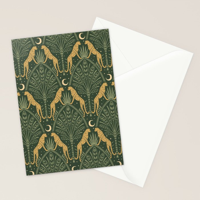 Night Cheetahs - Fern Green and Gold Stationery Card Gallery Image 2