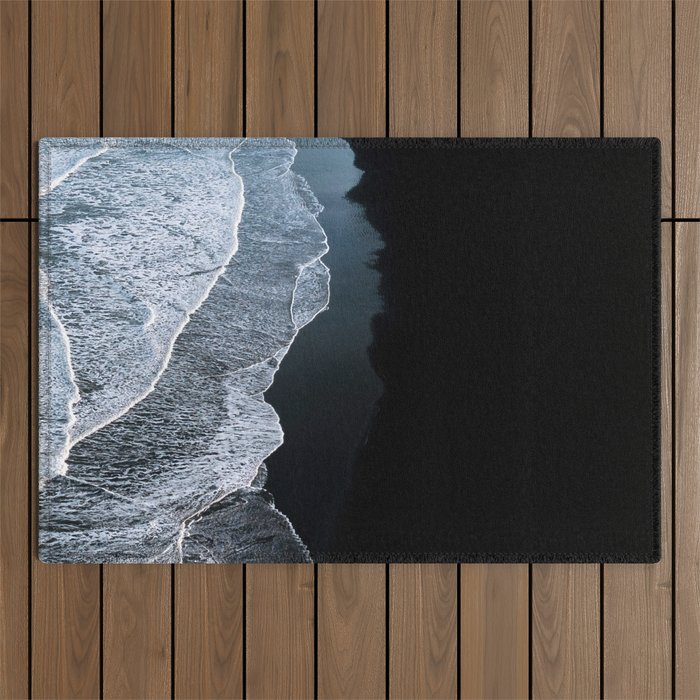 Minimalist Waves on a black sand beach in Iceland - Landscape Photography Outdoor Rug Gallery Image 1