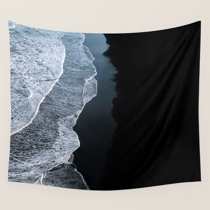 Minimalist Waves on a black sand beach in Iceland - Landscape Photography Wall Tapestry Gallery Image 4