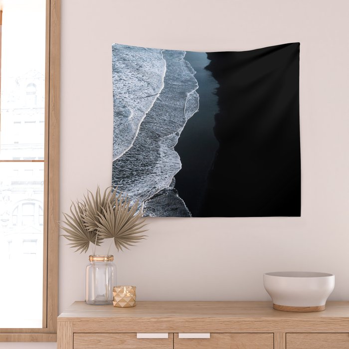 Minimalist Waves on a black sand beach in Iceland - Landscape Photography Wall Tapestry Gallery Image 2