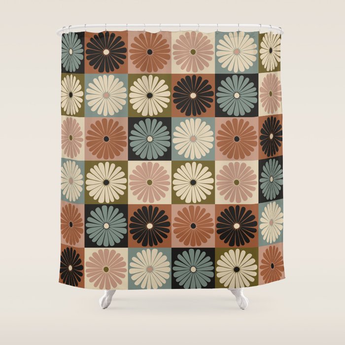 Retro Flowers Check Pattern II Shower Curtain Gallery Image 1