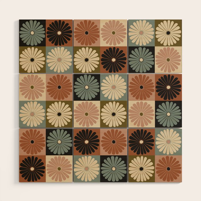 Retro Flowers Check Pattern II Wood Wall Art Gallery Image 1