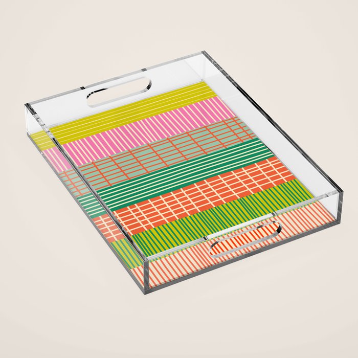 Finnish Patchwork Stripe Pattern Orange Green Pink Chartreuse Acrylic Tray Gallery Image 1
