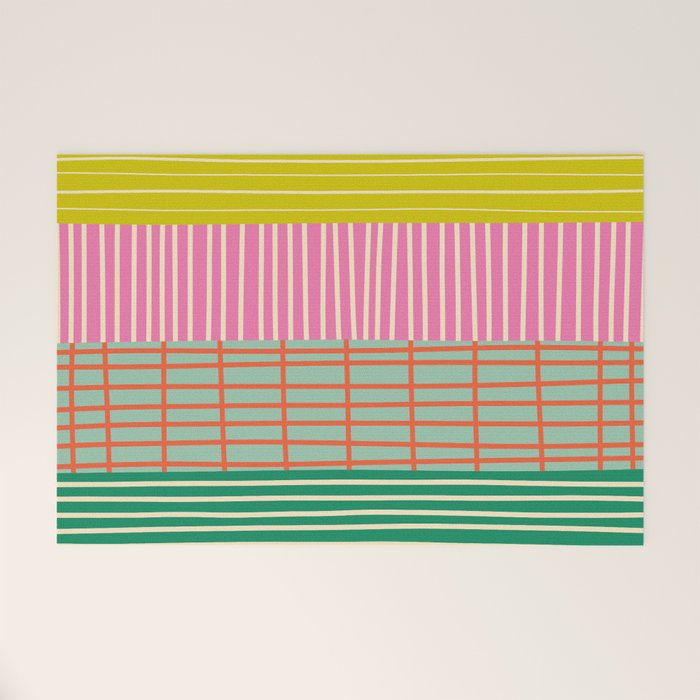 Finnish Patchwork Stripe Pattern Orange Green Pink Chartreuse Welcome Mat Gallery Image 1