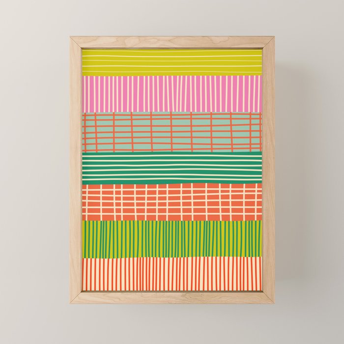 Finnish Patchwork Stripe Pattern Orange Green Pink Chartreuse Mini Art Print Gallery Image 1