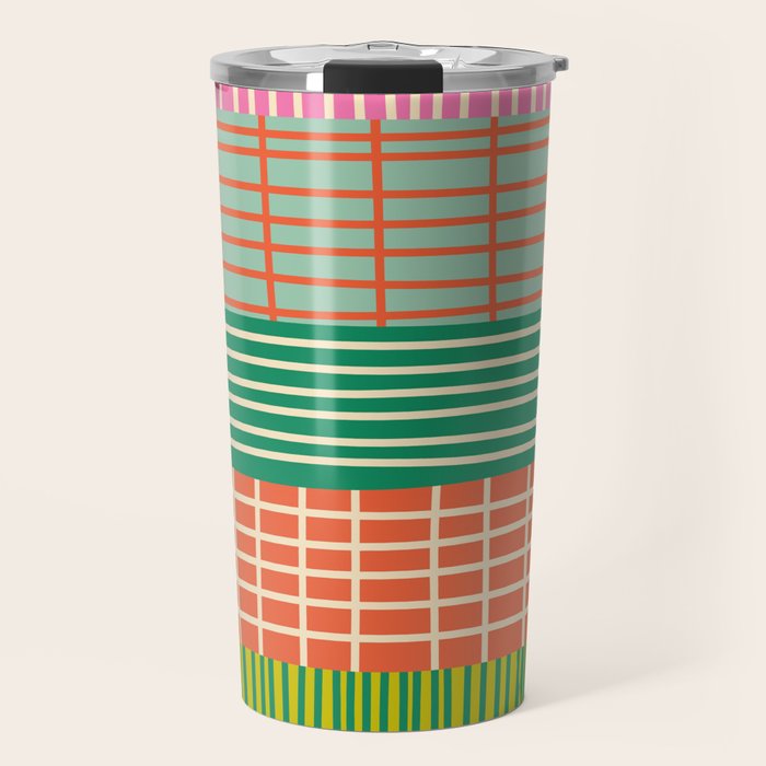 Finnish Patchwork Stripe Pattern Orange Green Pink Chartreuse Travel Mug Gallery Image 1