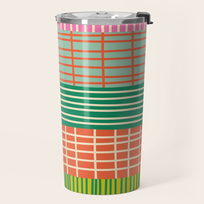 Finnish Patchwork Stripe Pattern Orange Green Pink Chartreuse Travel Mug Gallery Image 2
