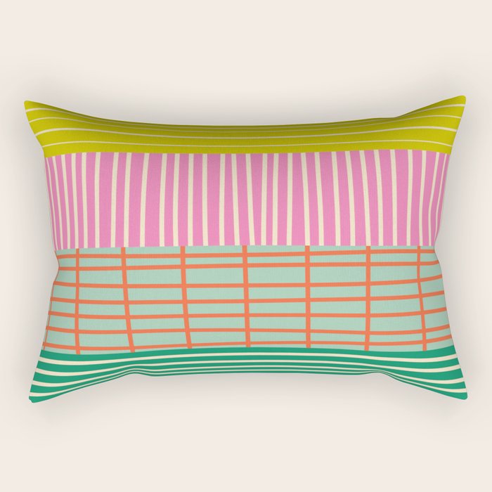 Finnish Patchwork Stripe Pattern Orange Green Pink Chartreuse Rectangular Pillow Gallery Image 2