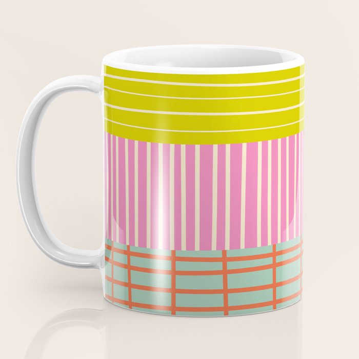 Finnish Patchwork Stripe Pattern Orange Green Pink Chartreuse Coffee Mug Gallery Image 3