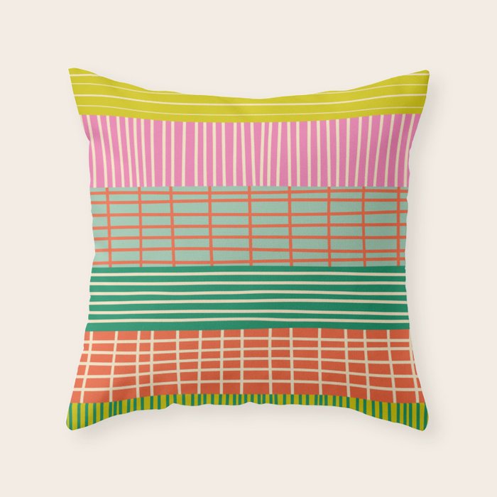 Finnish Patchwork Stripe Pattern Orange Green Pink Chartreuse Throw Pillow Gallery Image 6