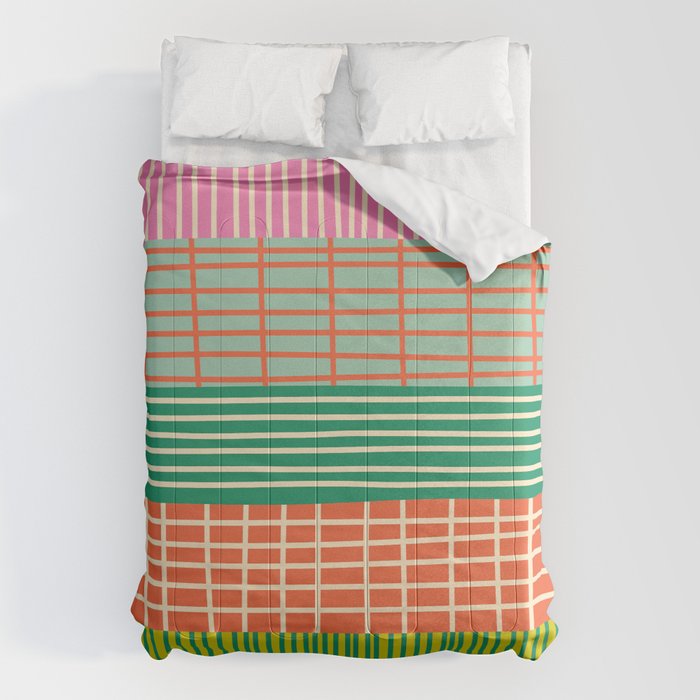 Finnish Patchwork Stripe Pattern Orange Green Pink Chartreuse Comforter Gallery Image 1