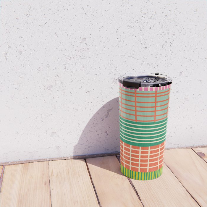 Finnish Patchwork Stripe Pattern Orange Green Pink Chartreuse Travel Mug Gallery Image 4