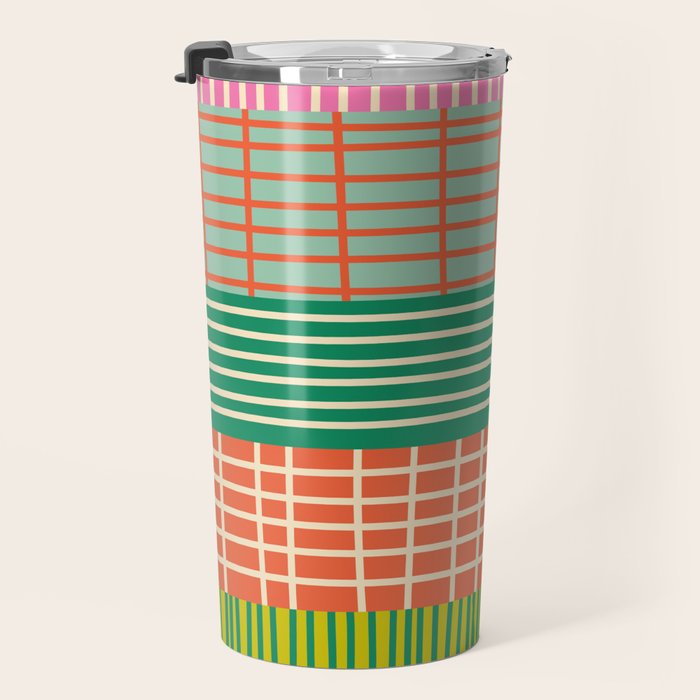 Finnish Patchwork Stripe Pattern Orange Green Pink Chartreuse Travel Mug Gallery Image 3