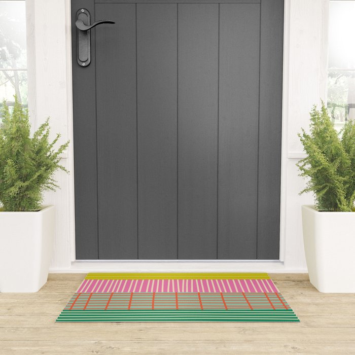 Finnish Patchwork Stripe Pattern Orange Green Pink Chartreuse Welcome Mat Gallery Image 3