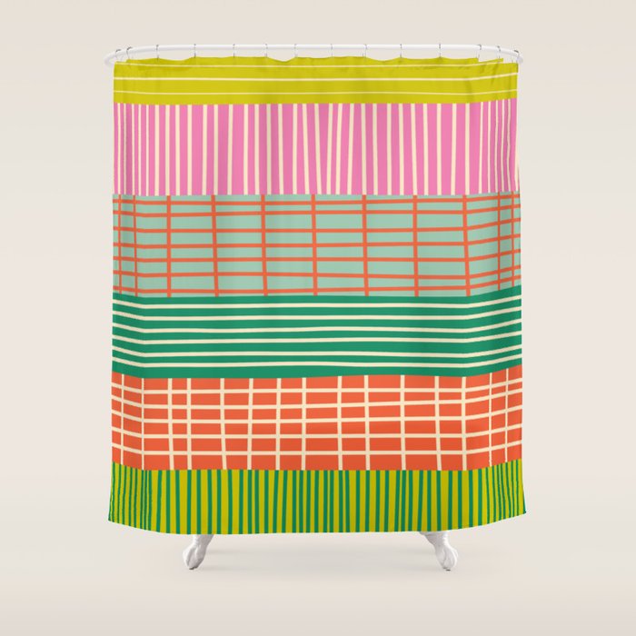 Finnish Patchwork Stripe Pattern Orange Green Pink Chartreuse Shower Curtain Gallery Image 1