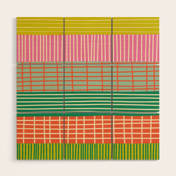 Finnish Patchwork Stripe Pattern Orange Green Pink Chartreuse Wood Wall Art Gallery Image 1