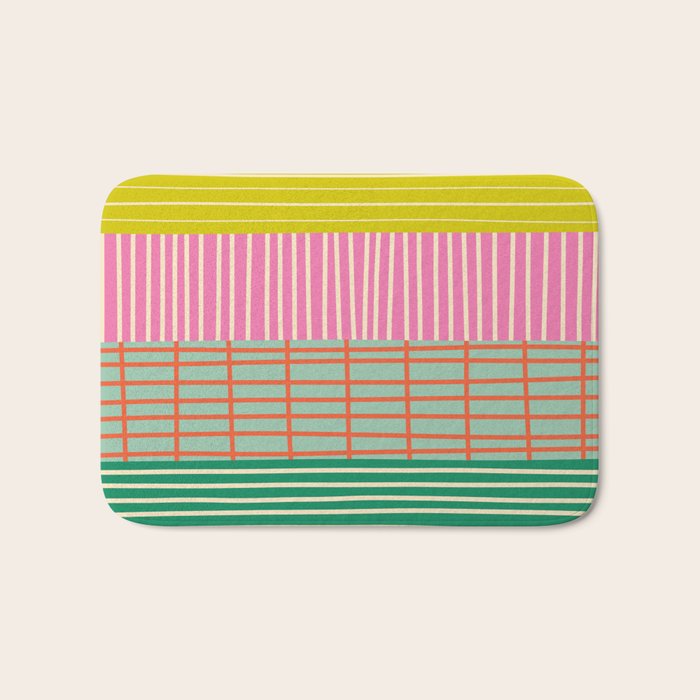 Finnish Patchwork Stripe Pattern Orange Green Pink Chartreuse Bath Mat Gallery Image 1
