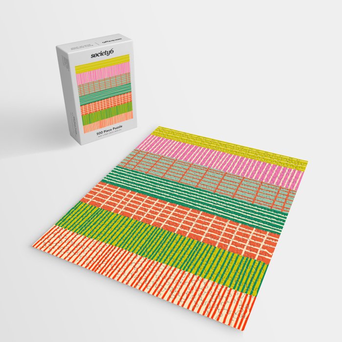 Finnish Patchwork Stripe Pattern Orange Green Pink Chartreuse Jigsaw Puzzle Gallery Image 2