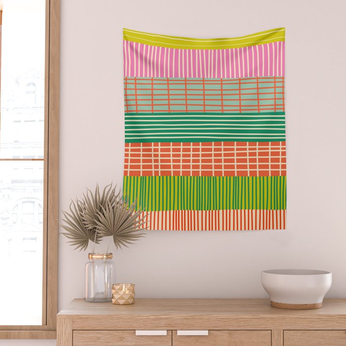 Finnish Patchwork Stripe Pattern Orange Green Pink Chartreuse Wall Tapestry Gallery Image 2