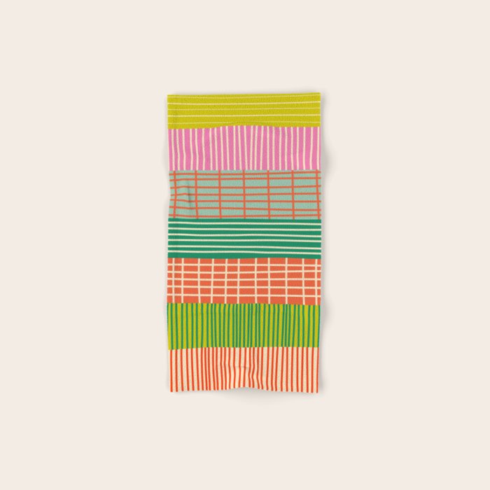 Finnish Patchwork Stripe Pattern Orange Green Pink Chartreuse Bath Towel Gallery Image 1
