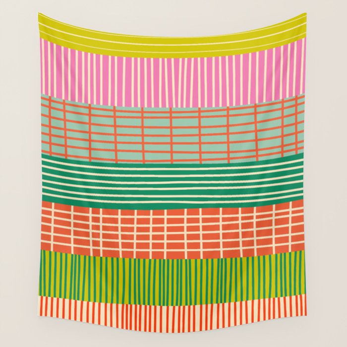 Finnish Patchwork Stripe Pattern Orange Green Pink Chartreuse Wall Tapestry Gallery Image 4