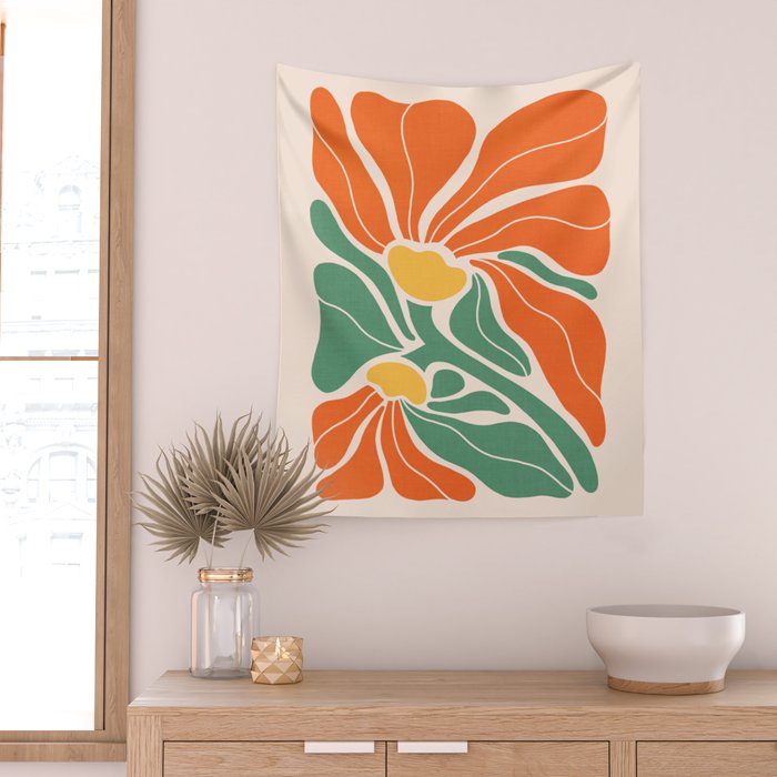 Modern Boho Art Nouveau Floral 1.2 Duo Orange and Green Wall Tapestry Gallery Image 2