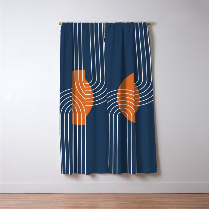 Mid Century Modern Geometric 161 Sun Rainbow abstract in Navy Blue Orange Window Curtain Gallery Image 3