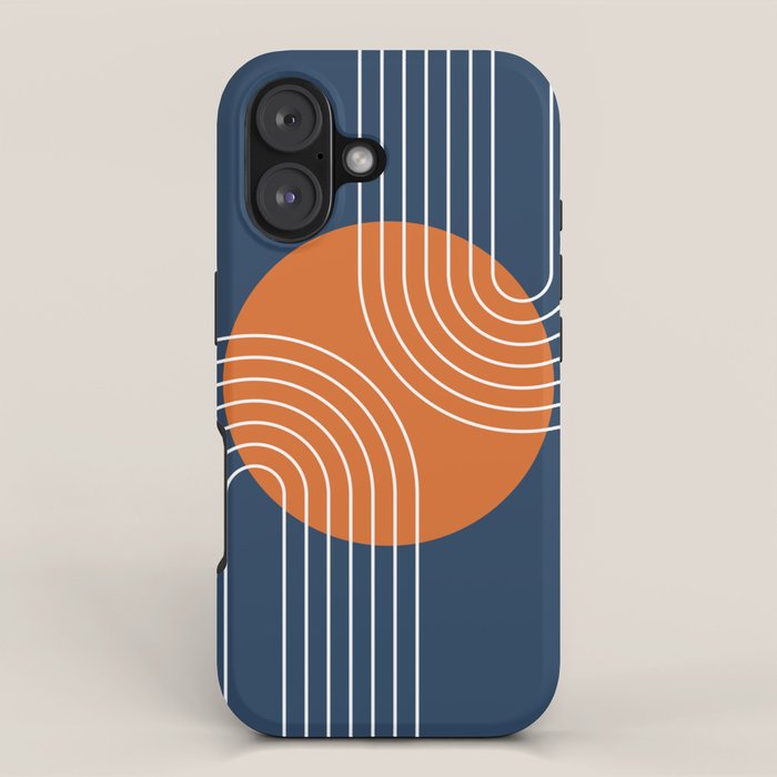 Mid Century Modern Geometric 161 Sun Rainbow abstract in Navy Blue Orange iPhone Case Gallery Image 1