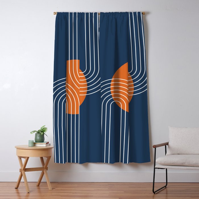 Mid Century Modern Geometric 161 Sun Rainbow abstract in Navy Blue Orange Window Curtain Gallery Image 5