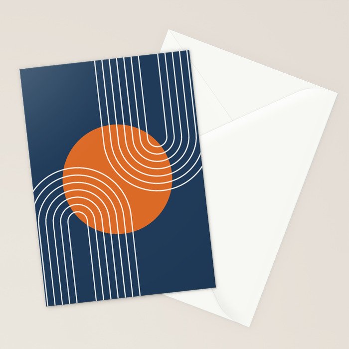 Mid Century Modern Geometric 161 Sun Rainbow abstract in Navy Blue Orange Stationery Card Gallery Image 2
