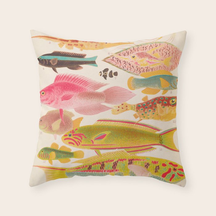Colorful Tropical Fishes Vintage Sea Life Illustration Throw Pillow Gallery Image 6