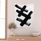 X Black & White Minimalist Abstract Mid century Ink Art Dark Brush Strokes Wall Tapestry Gallery Image 2