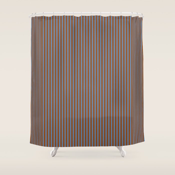 Narrow Stripes Vertical Pattern in Brown and Blue Shower Curtain Gallery Image 1