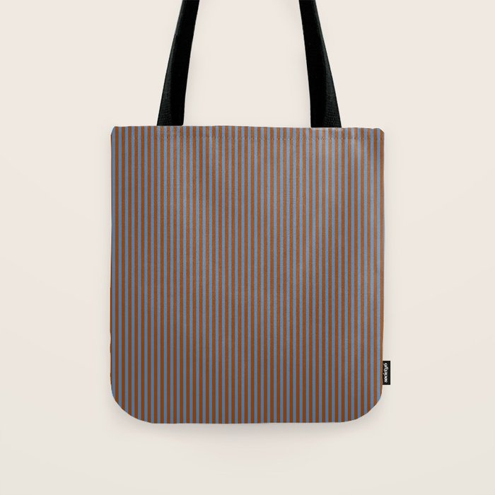 Narrow Stripes Vertical Pattern in Brown and Blue Tote Bag Gallery Image 1