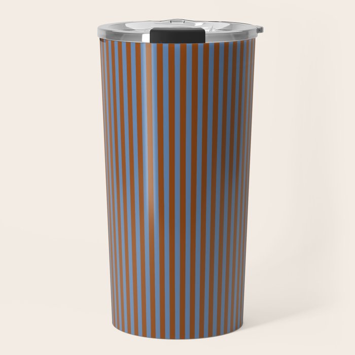 Narrow Stripes Vertical Pattern in Brown and Blue Travel Mug Gallery Image 1