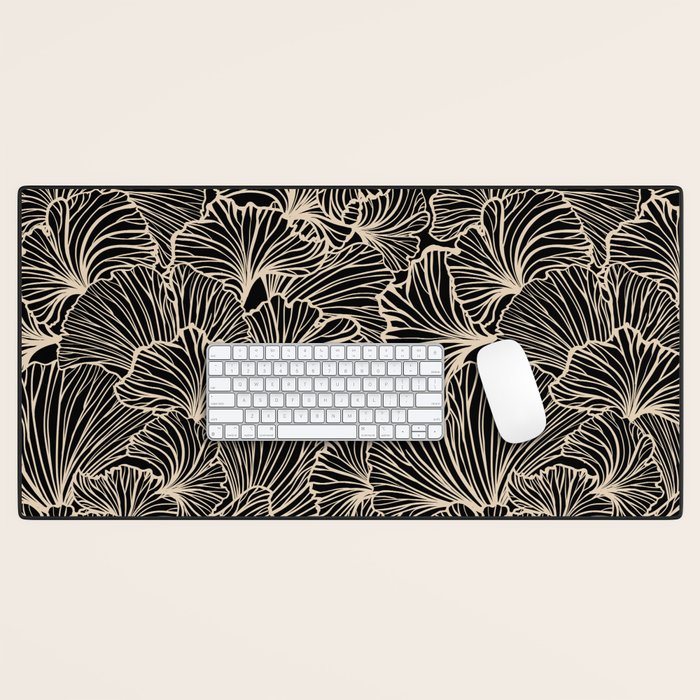 Decorative Leaf Pattern, Floral Prints, Cream and Black Desk Mat Gallery Image 1