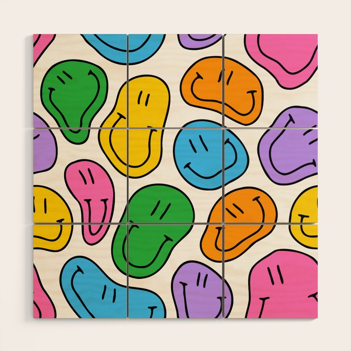 Colorful smiling happy face cartoon pattern Wood Wall Art Gallery Image 1