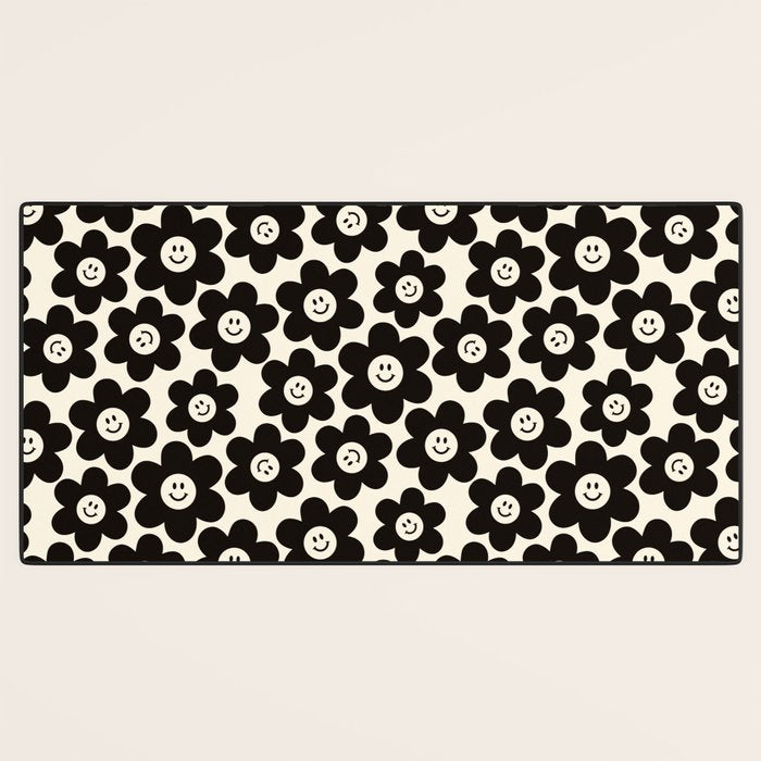 Retro Black & White Smiley Flower Pattern Desk Mat Gallery Image 3