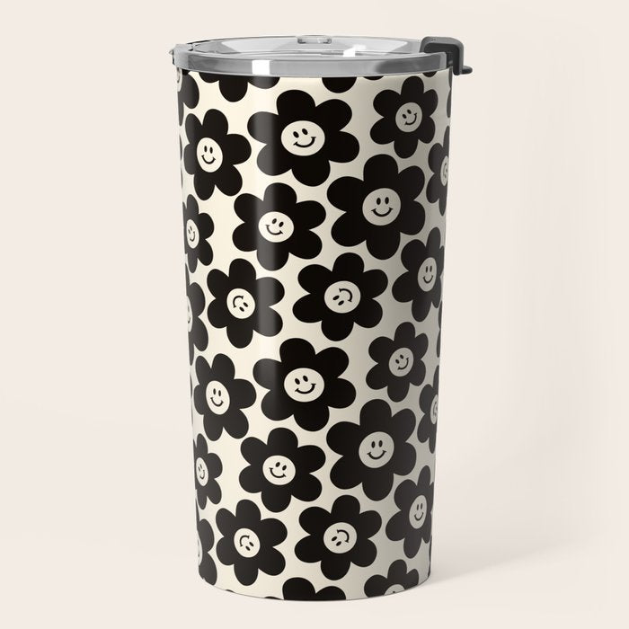 Retro Black & White Smiley Flower Pattern Travel Mug Gallery Image 2