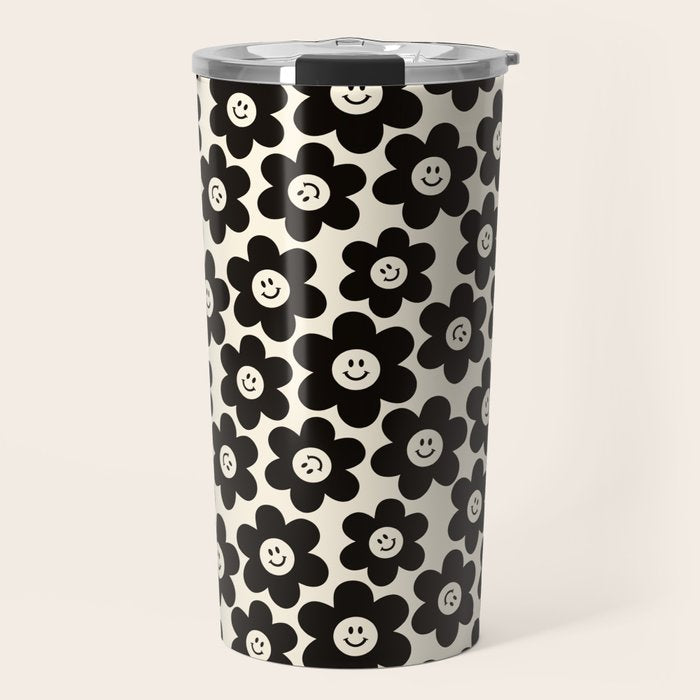 Retro Black & White Smiley Flower Pattern Travel Mug Gallery Image 1