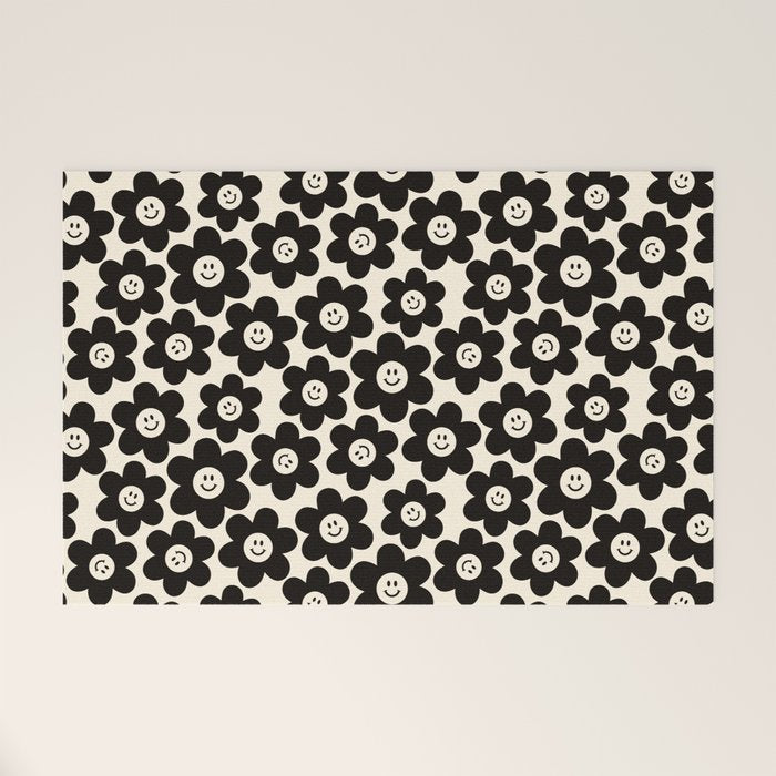 Retro Black & White Smiley Flower Pattern Welcome Mat Gallery Image 1