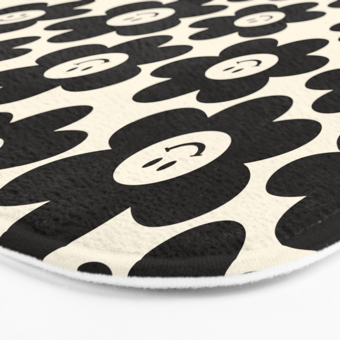 Retro Black & White Smiley Flower Pattern Bath Mat Gallery Image 3