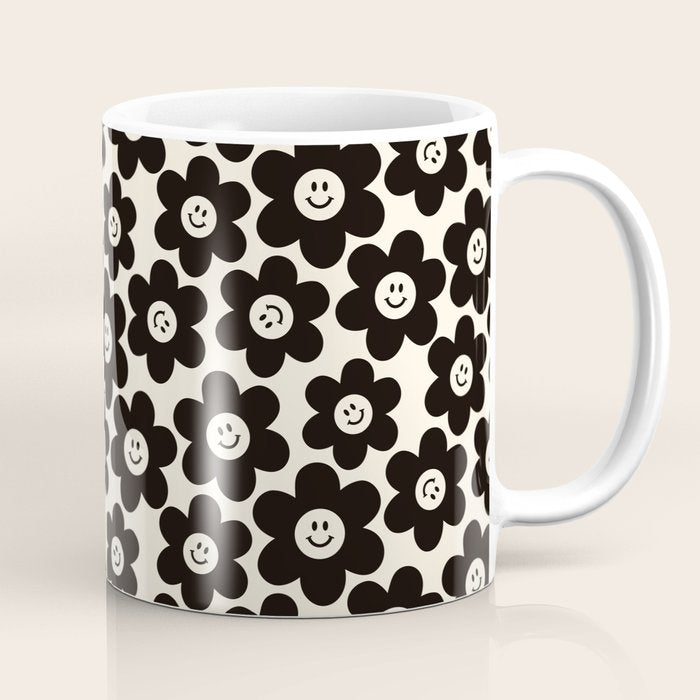 Retro Black & White Smiley Flower Pattern Coffee Mug Gallery Image 1