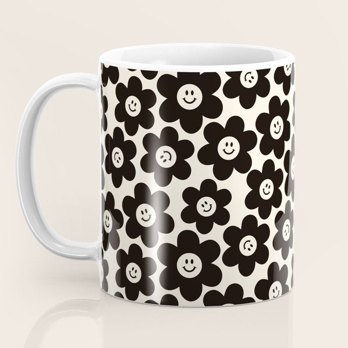 Retro Black & White Smiley Flower Pattern Coffee Mug Gallery Image 3